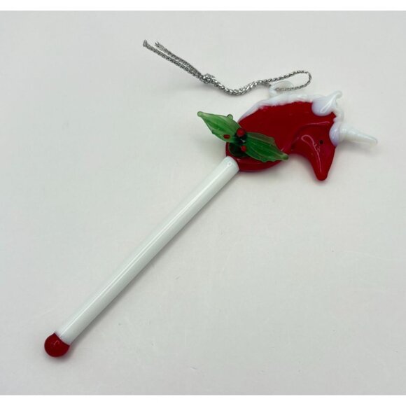 Vintage Glass Unicorn Stick Christmas Tree Ornament Swizzle Style Holly Accent - Picture 7 of 7